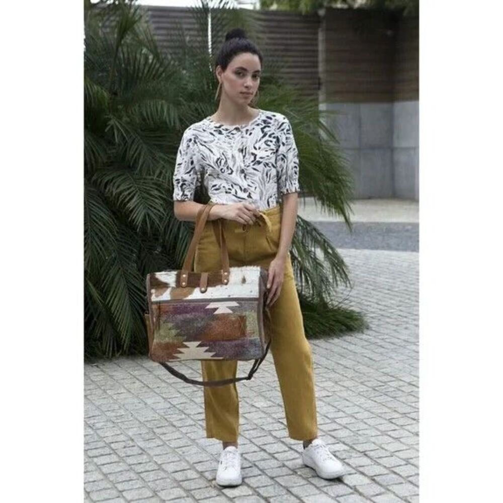 Myra Bag Handmade Crusader Weekender Bag Upcycled Canvas & Cowhide Leather